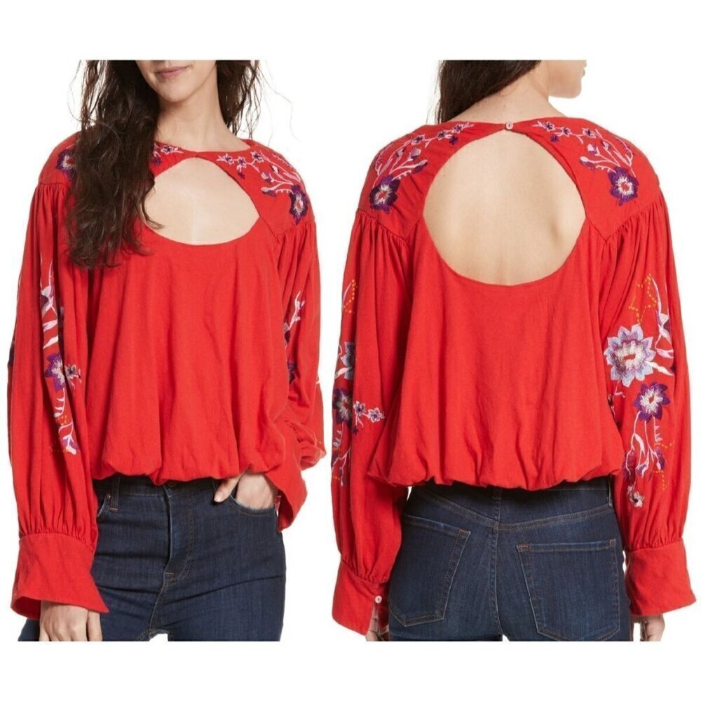 Free People Lita embroidered bell sleeve blouse size S